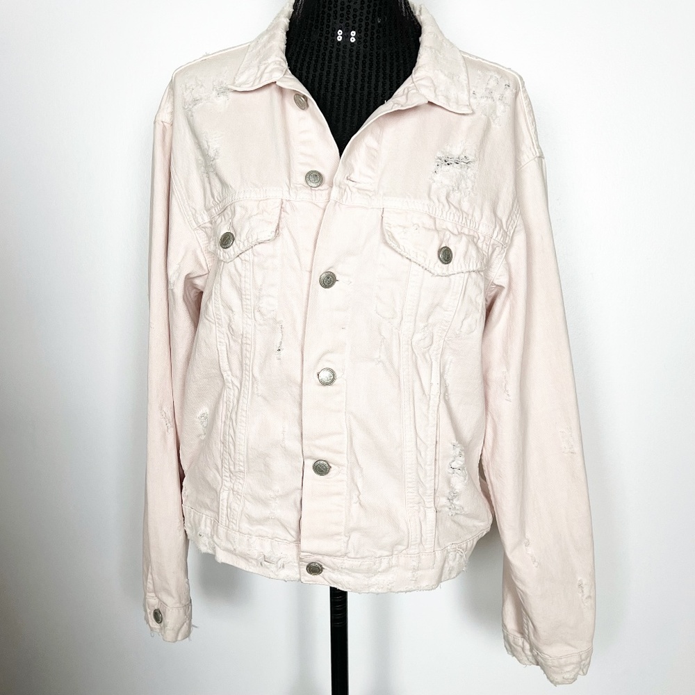 Zara Women's Jacket Size M Medium Pink Distressed Denim 100% Cotton